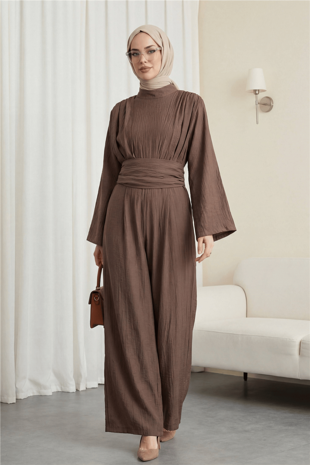 Dik Yaka Pilise Detaylı Cepli Kemerli Çilek Tulum -Kahve-Tulum & Salopet-438-2001-R15