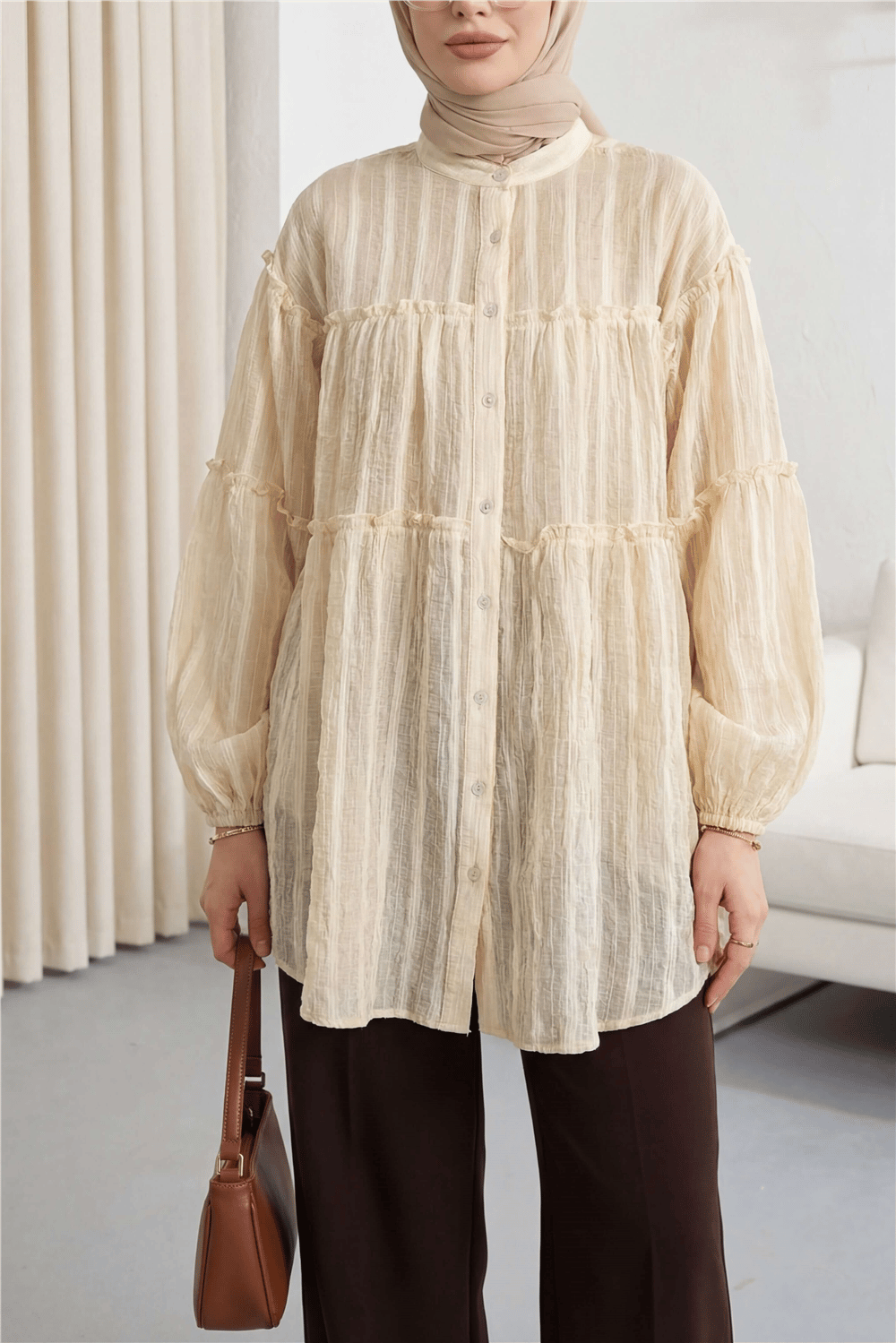 Dik Yaka Sim Çizgili Balon Kol Oversize Gofre Tunik -Açık Sarı-Tunik-307-0098-R75