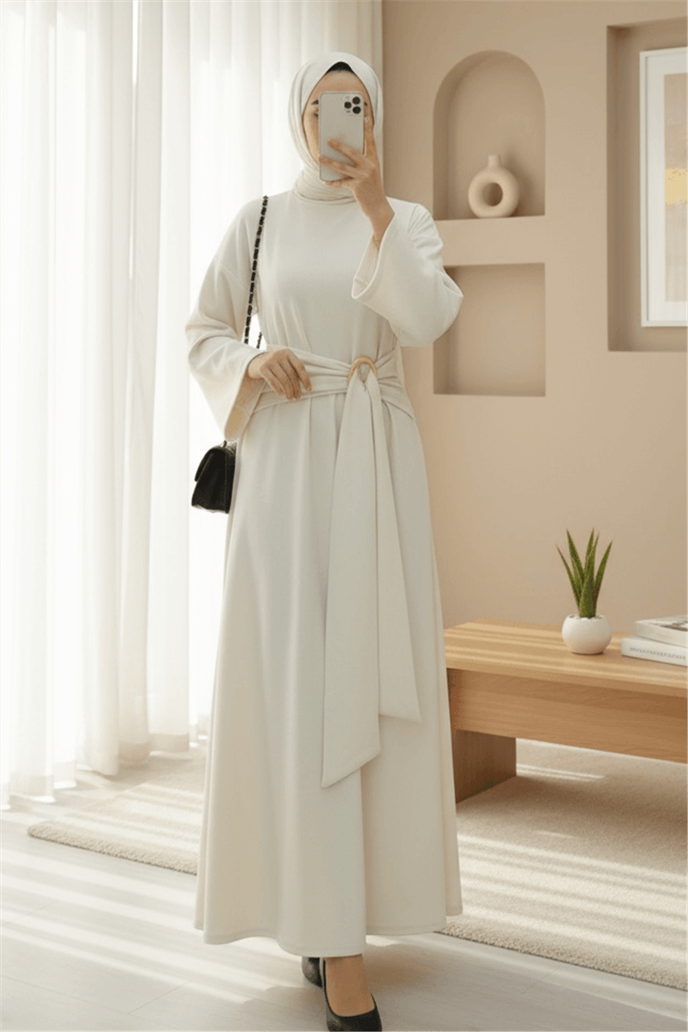 Dik Yaka Tokalı Bağcıklı Uzun Selanik Elbise -Krem-Elbise-349-8011-R28