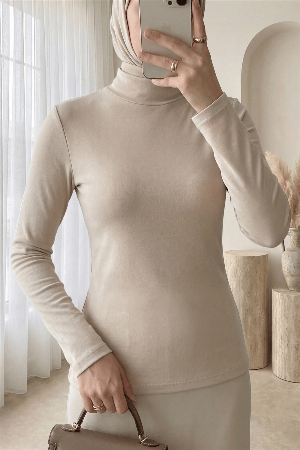 Dik Yaka Uzun Kol İçlik Bluz -Bej-Bluz-253-13122-R56