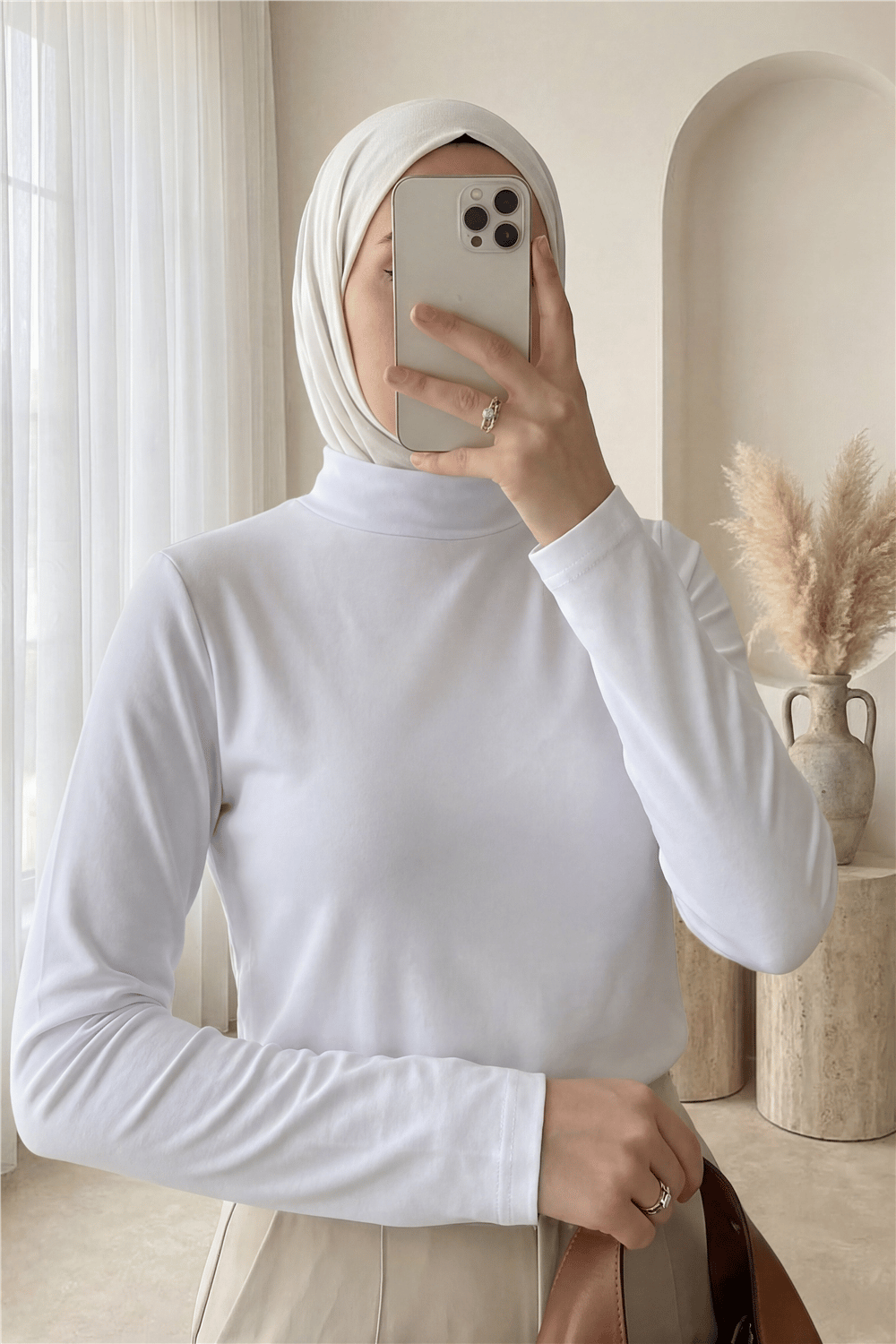 Dik Yaka Uzun Kol İçlik Bluz -Beyaz-Bluz-253-13122-R02