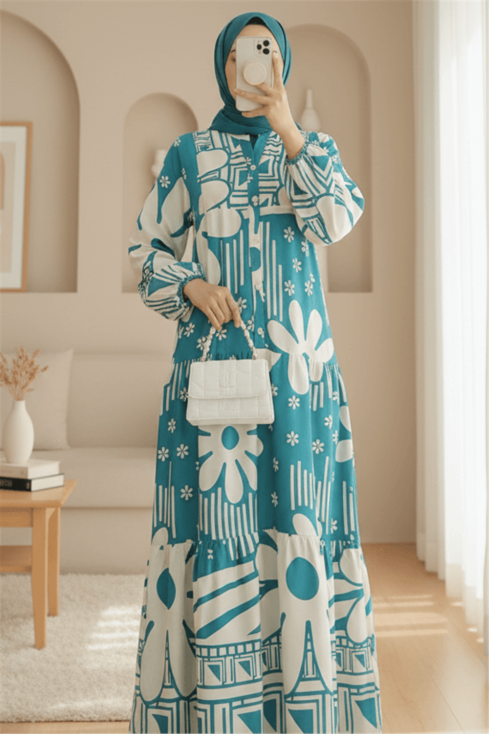 Dik Yaka Yarım Düğmeli Parçalı Çiçekli Elbise -Mint-Elbise-199-60615-R24