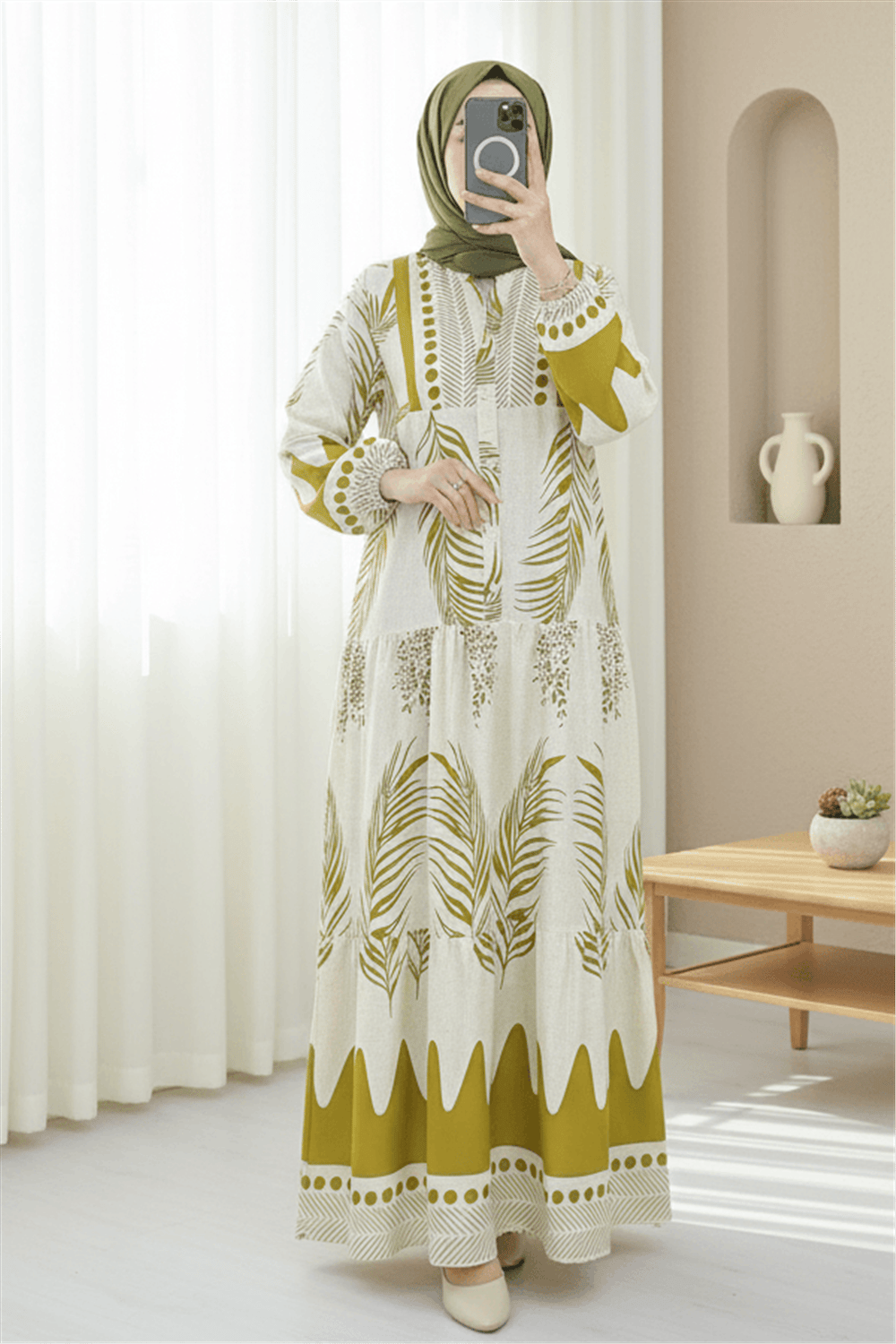 Dik Yaka Yarım Düğmeli Yaprak Desen Elbise -Krem-Elbise-199-60614-R28
