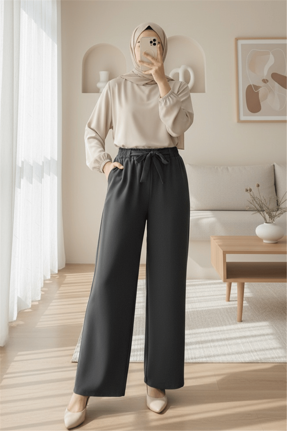 Duble Kumaş Beli Kuşaklı Bol Paça Pantolon    -Füme-Pantolon-400-156-R18
