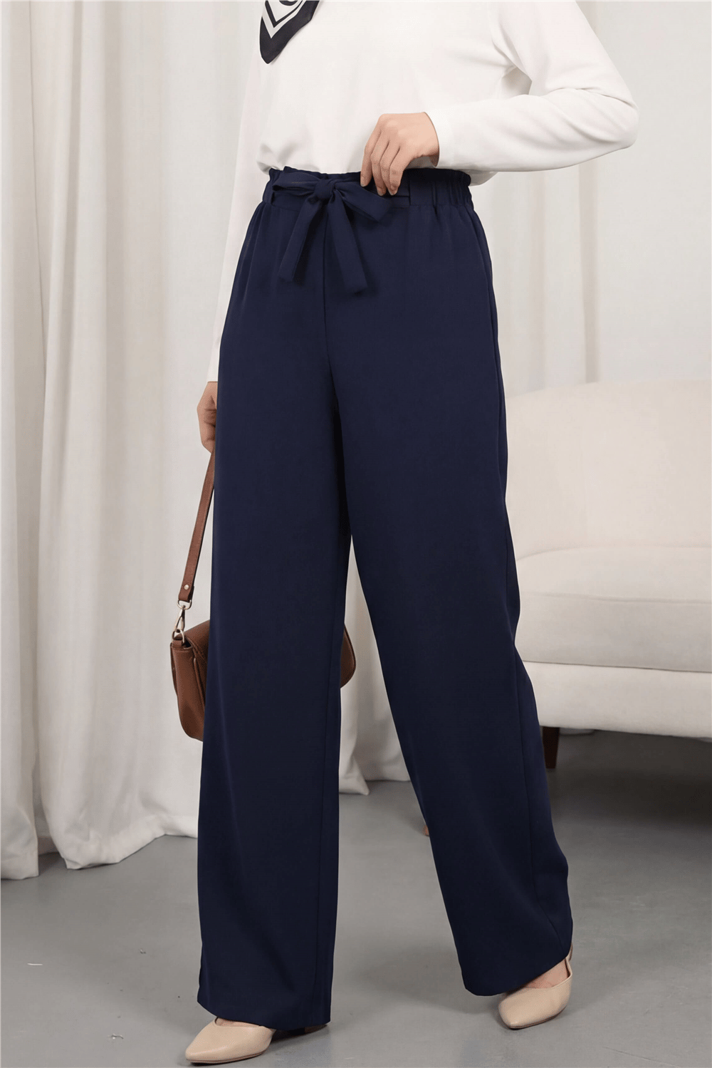 بنطلون واسع الساق من القماش بحزام خصر مزدوج - أزرق داكن-Bol Paça Pantolon-400-156-R03