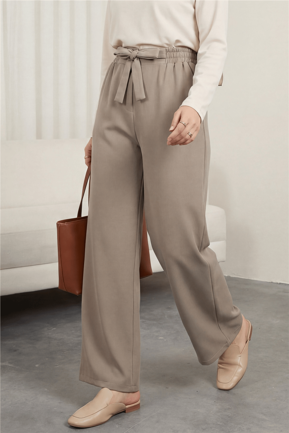 Duble Kumaş Beli Kuşaklı Bol Paça Pantolon -Vizon-Bol Paça Pantolon-400-156-R23