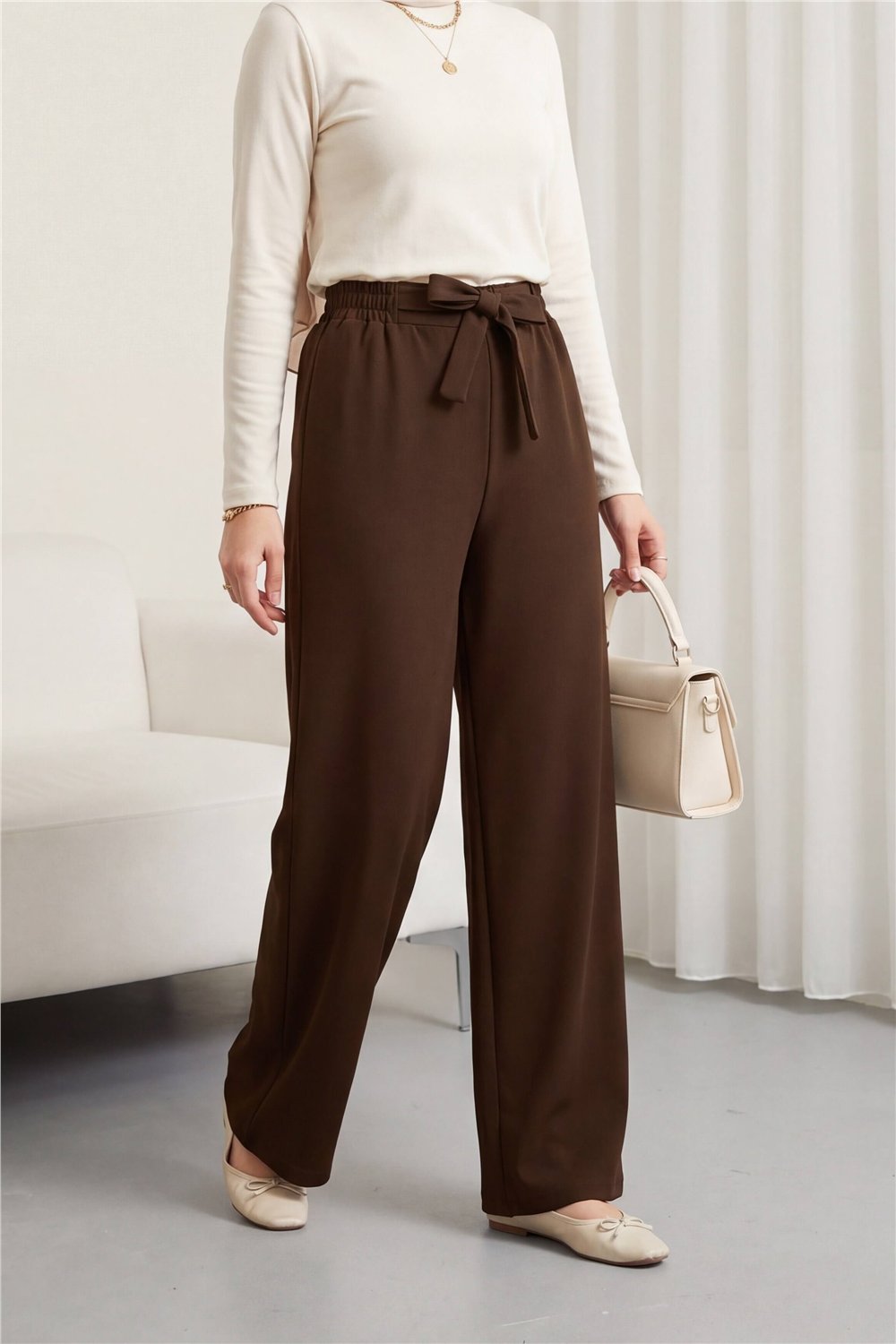 بنطلون واسع الساق من القماش بحزام خصر مزدوج - بني-Bol Paça Pantolon-400-156-R15