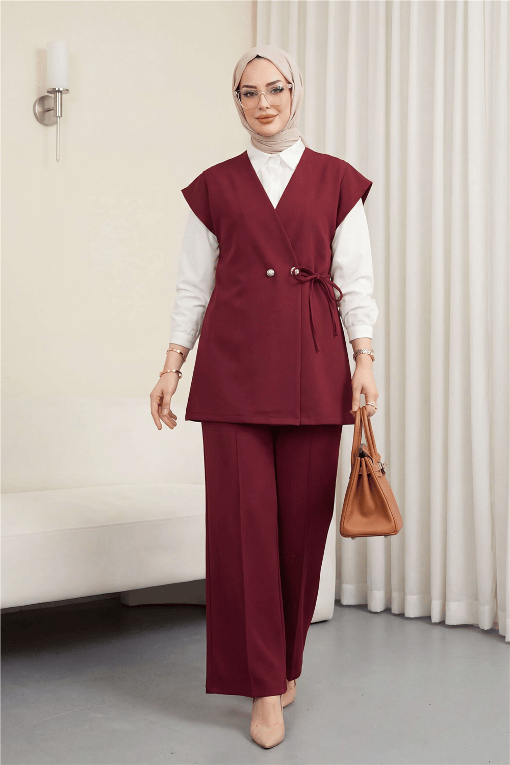 Düğme Detaylı Çift Bağcıklı Yelek Pantolon Double Krep Takım -Bordo-Takım-349-8065-R04