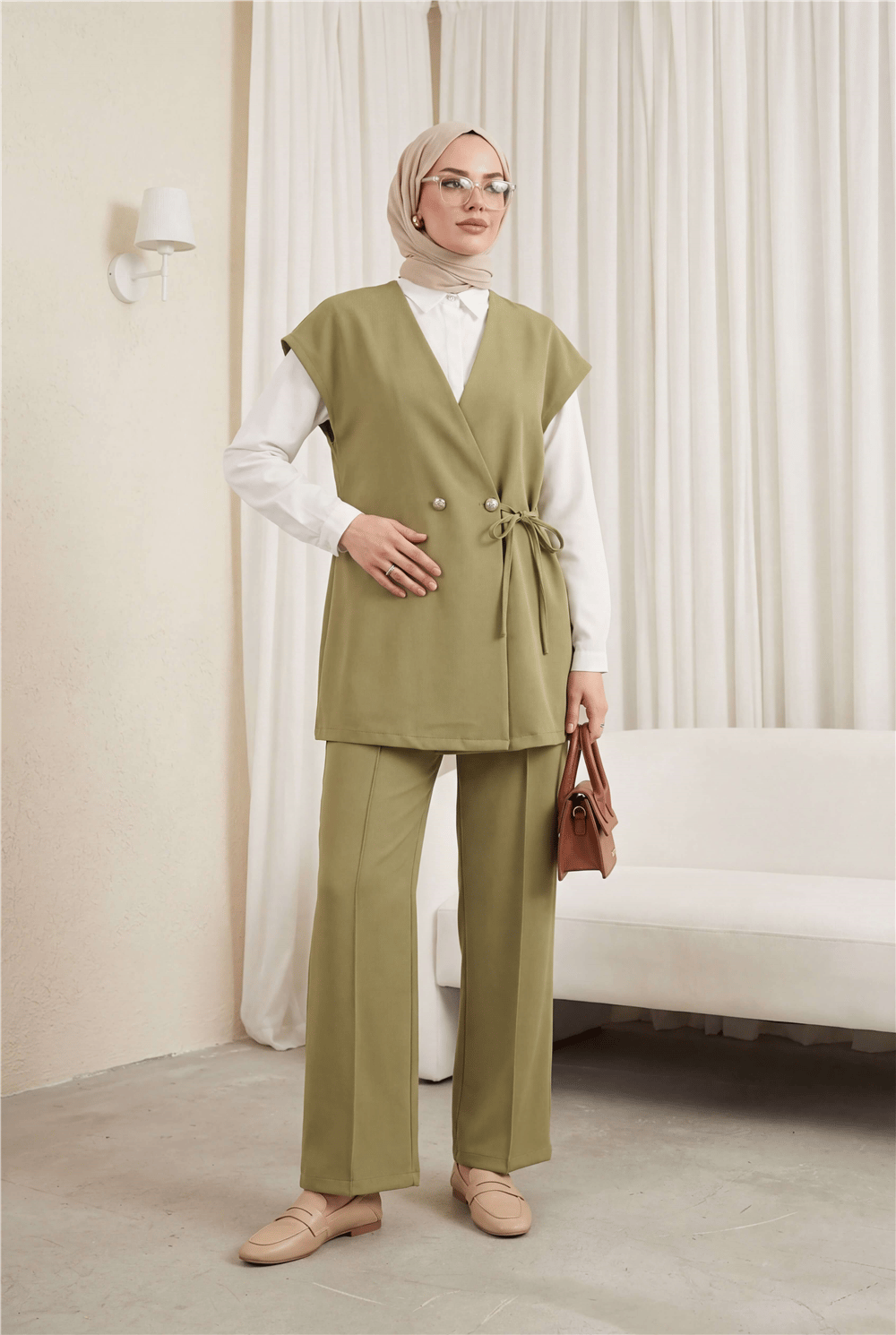 Düğme Detaylı Çift Bağcıklı Yelek Pantolon Double Krep Takım -Haki-Takım-349-8065-R05