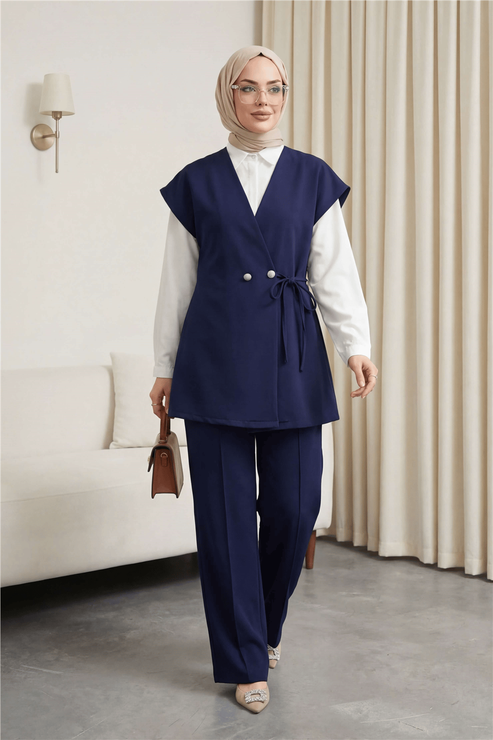 Düğme Detaylı Çift Bağcıklı Yelek Pantolon Double Krep Takım -Laci-Takım-349-8065-R03