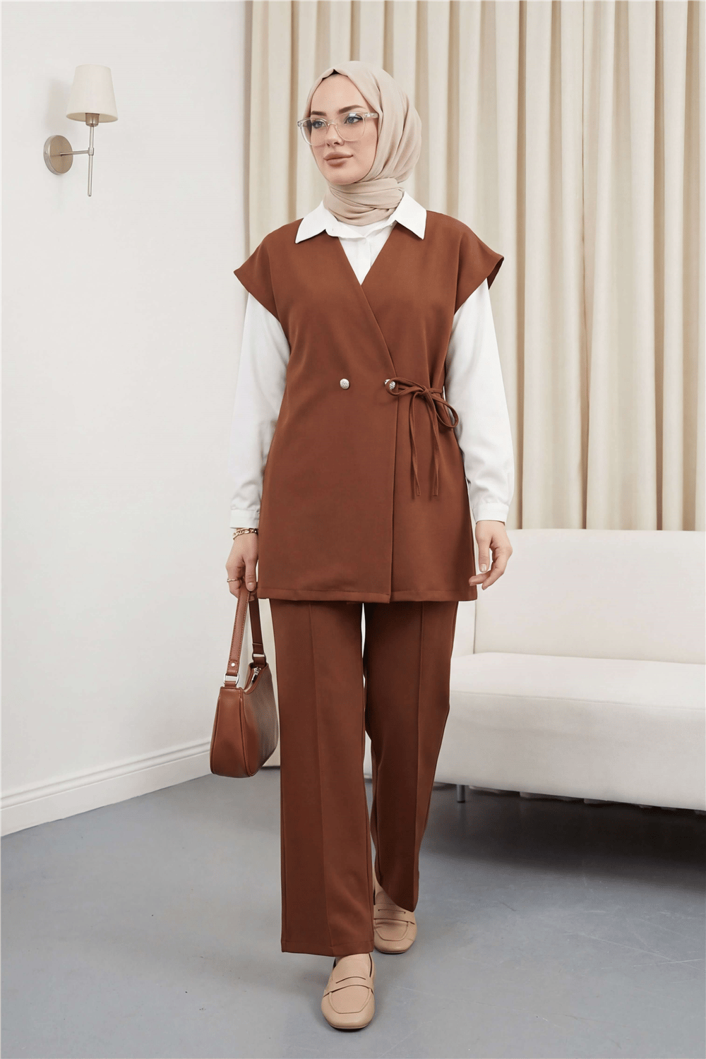 Düğme Detaylı Çift Bağcıklı Yelek Pantolon Double Krep Takım -Taba-Takım-349-8065-R12