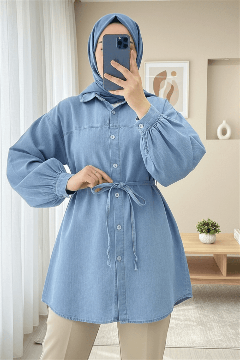 Düğmeli Beli Bağcıklı Kot Gömlek -Açık Mavi-Gömlek-199-263-R25