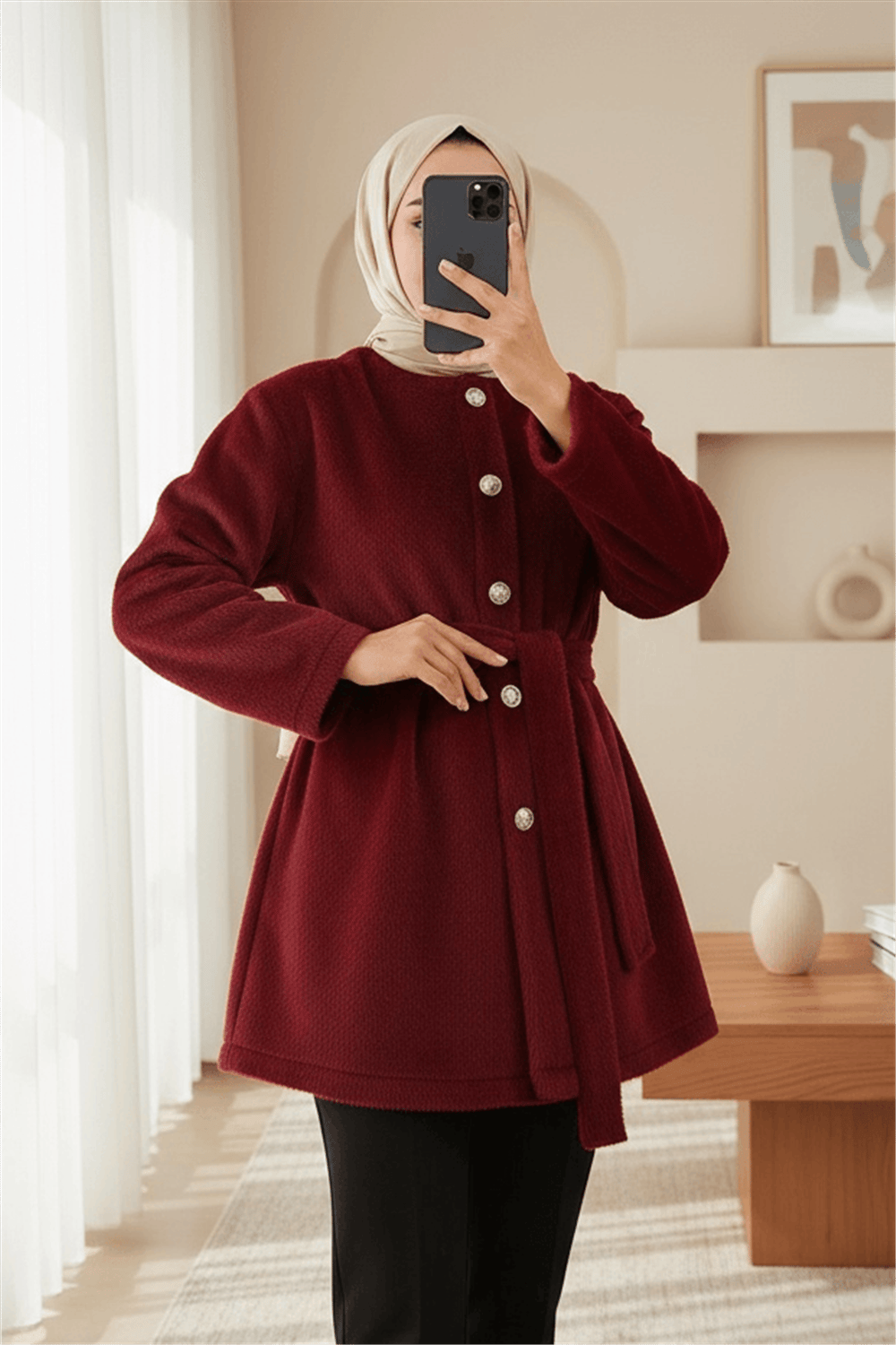 Düğmeli Beli Bağlamalı Kürklü Ceket  -Bordo-Ceket-111-50719-R04