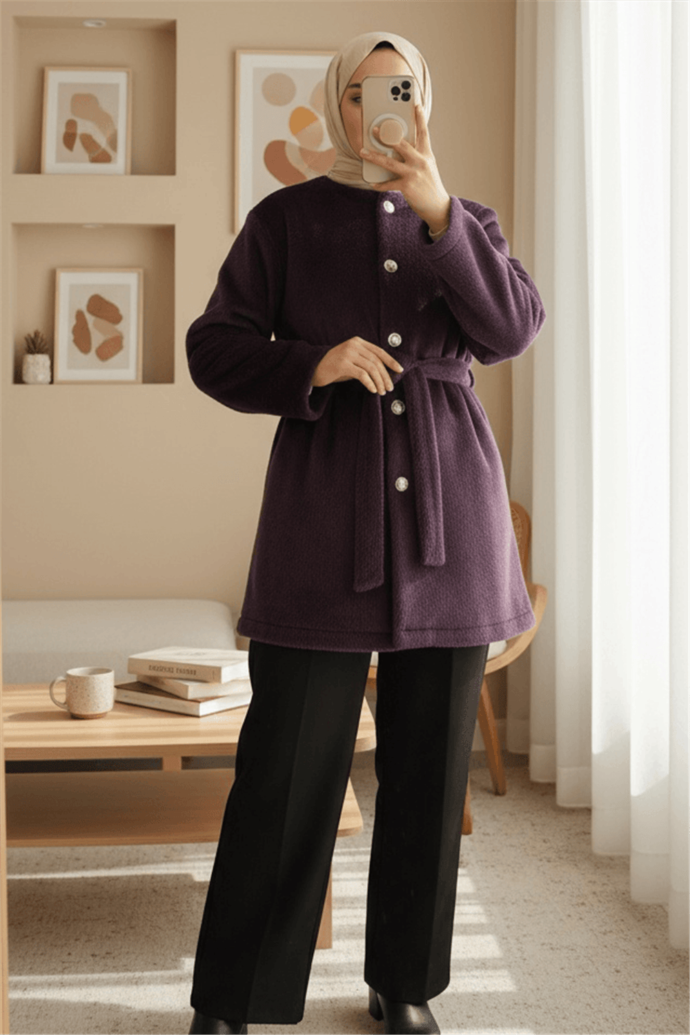 Düğmeli Beli Bağlamalı Kürklü Ceket  -Mürdüm-Ceket-111-50719-R09