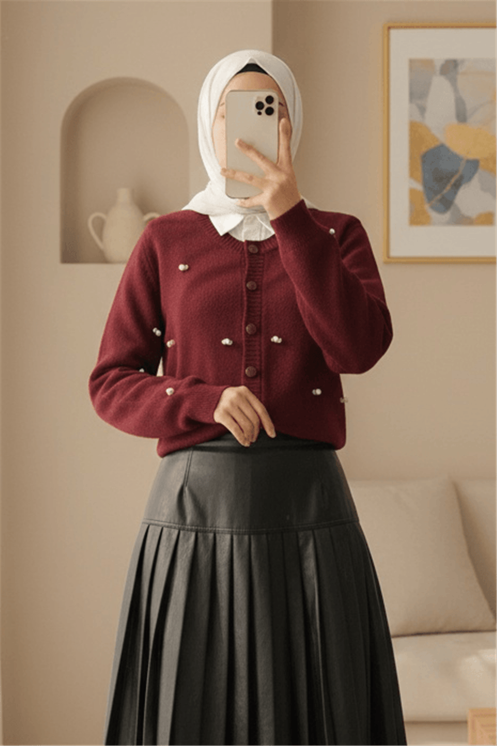 Düğmeli Çiçek Detaylı Yumoş Hırka -Bordo-Hırka-295-1282-R04