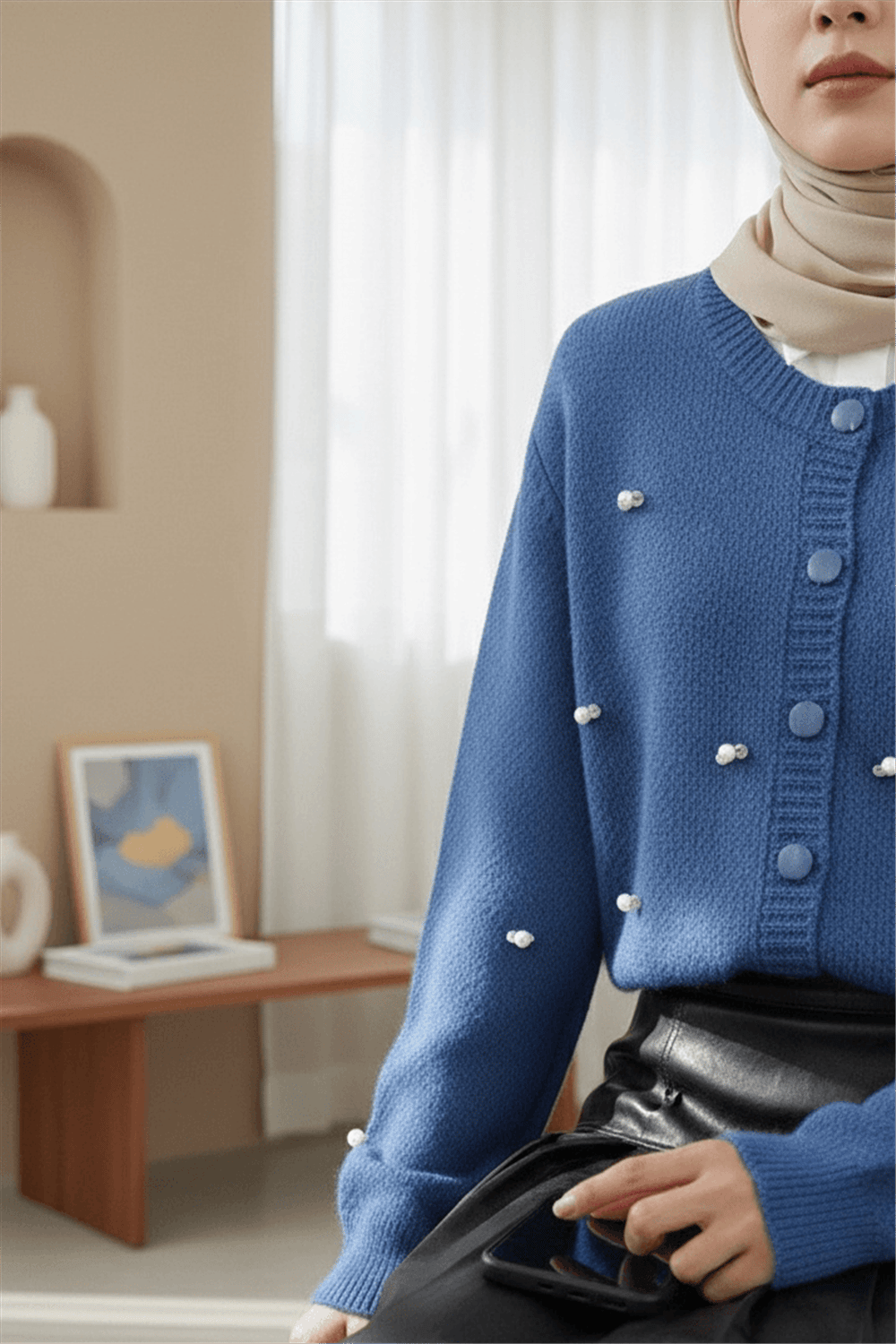 Düğmeli Çiçek Detaylı Yumoş Hırka -Mavi-Hırka-295-1282-R31