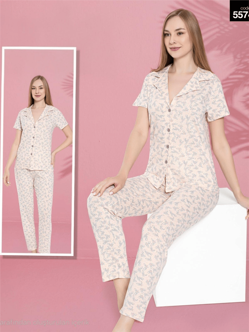 Düğmeli Çiçekli V Yaka Pamuklu Kısa Kollu Pijama Takımı -Yavruağzı-Pijama-416-55747-R77