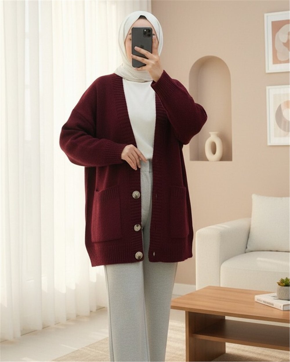Düğmeli Çift Cepli Salaş Triko Hırka -Bordo-Hırka-109-0915-R04