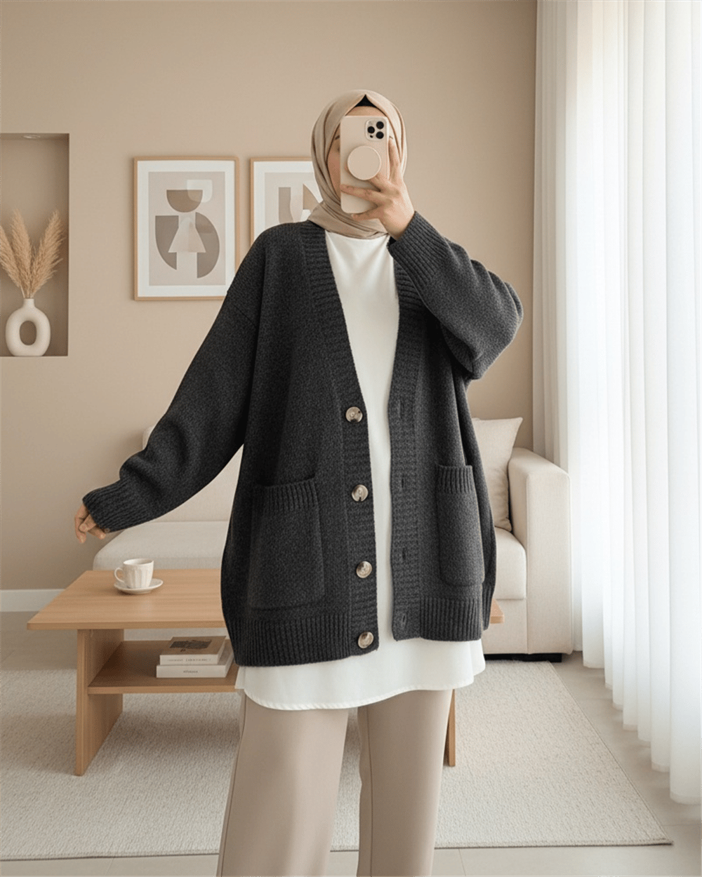 Düğmeli Çift Cepli Salaş Triko Hırka -Füme-Hırka-109-0915-R18