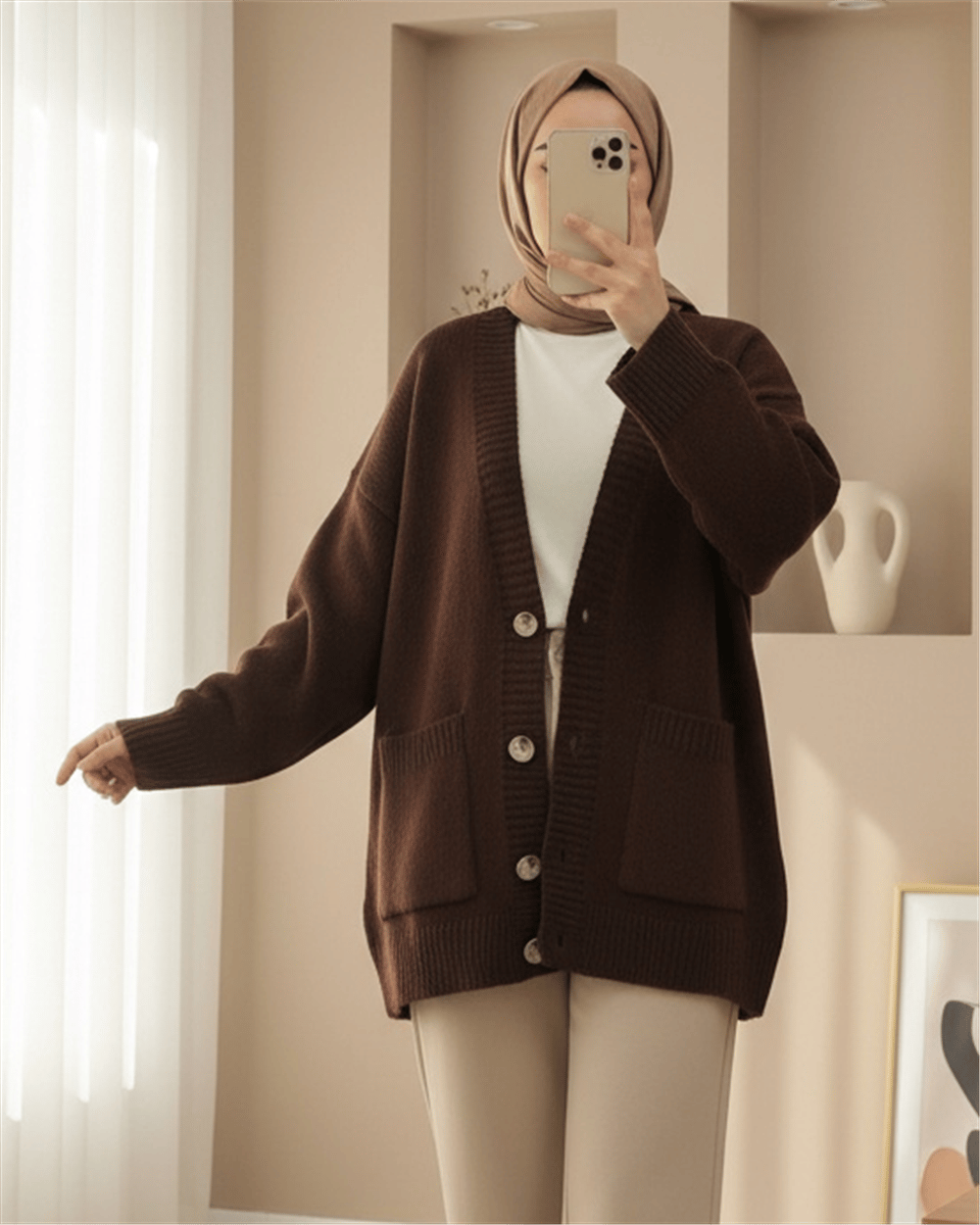 Düğmeli Çift Cepli Salaş Triko Hırka -K. Kahve-Hırka-109-0915-R54