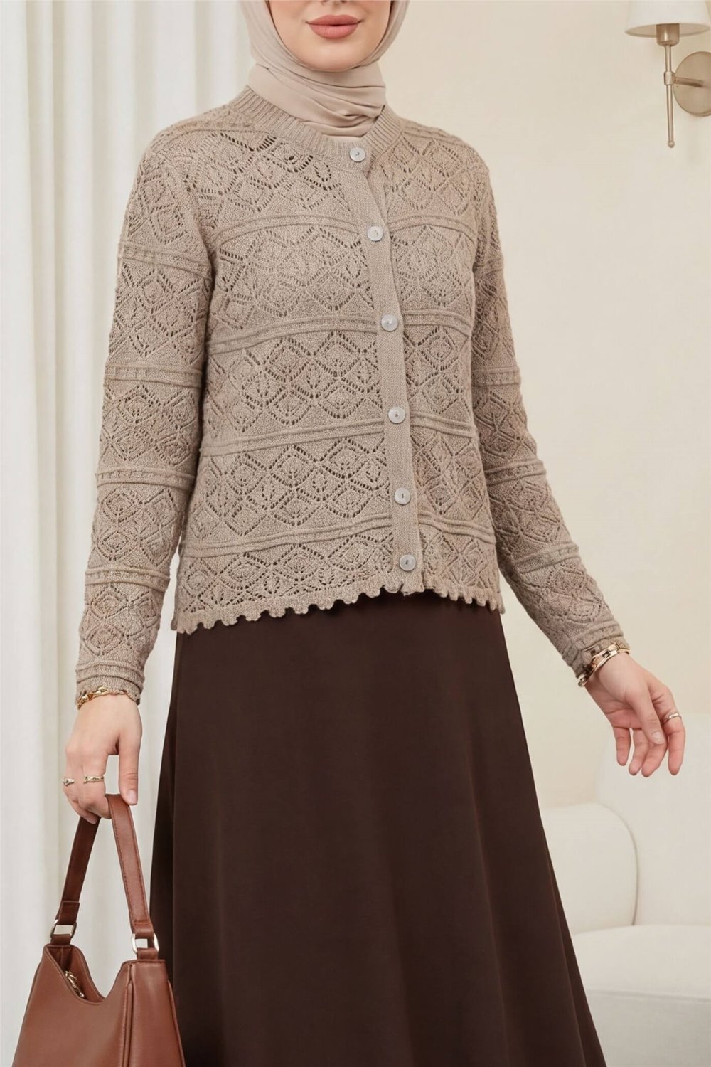Düğmeli Desenli Ajurlu Triko Hırka  -Açık Kahve-Hırka-109-1223-R76