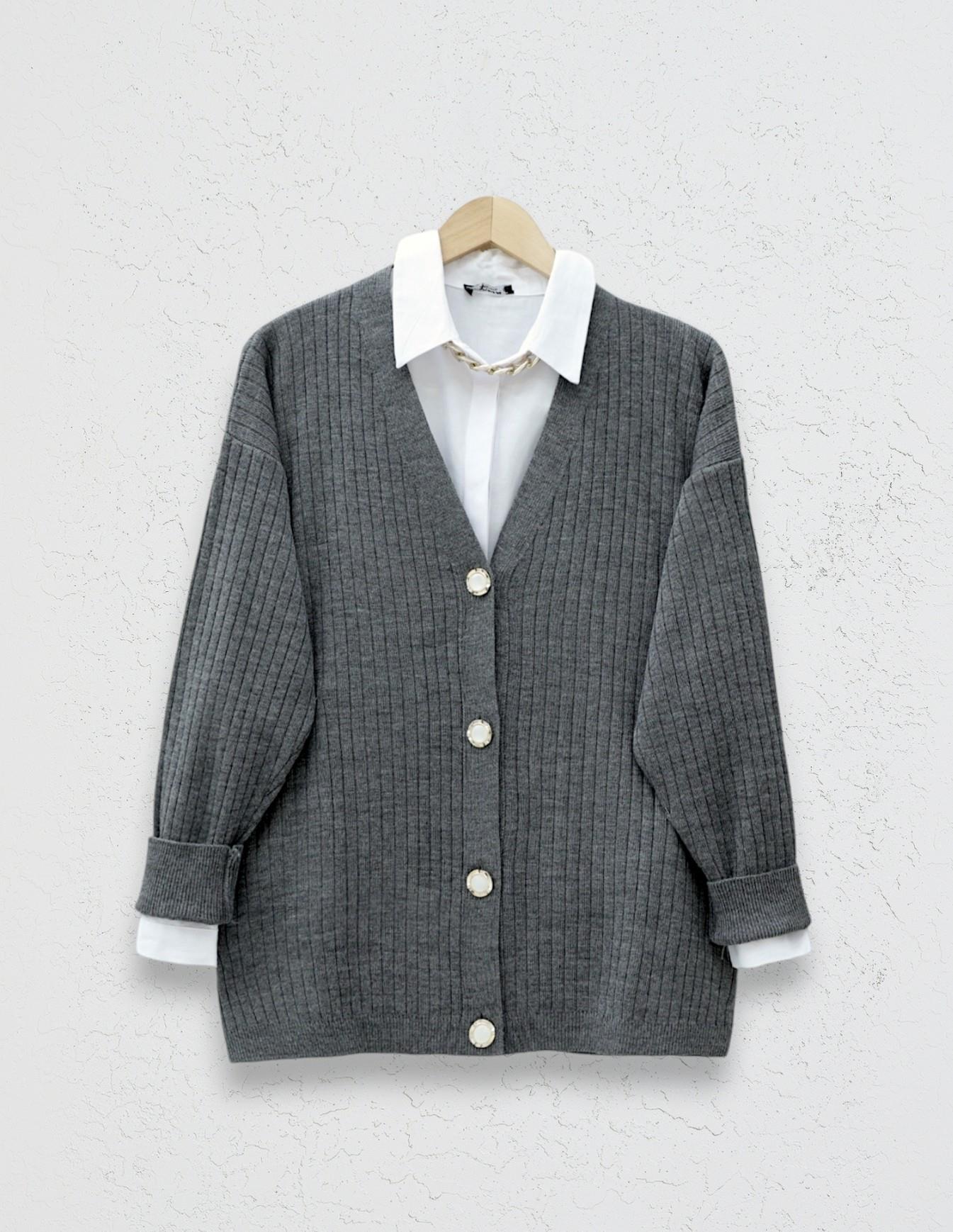 Düğmeli Fitilli  Triko Hırka -Füme