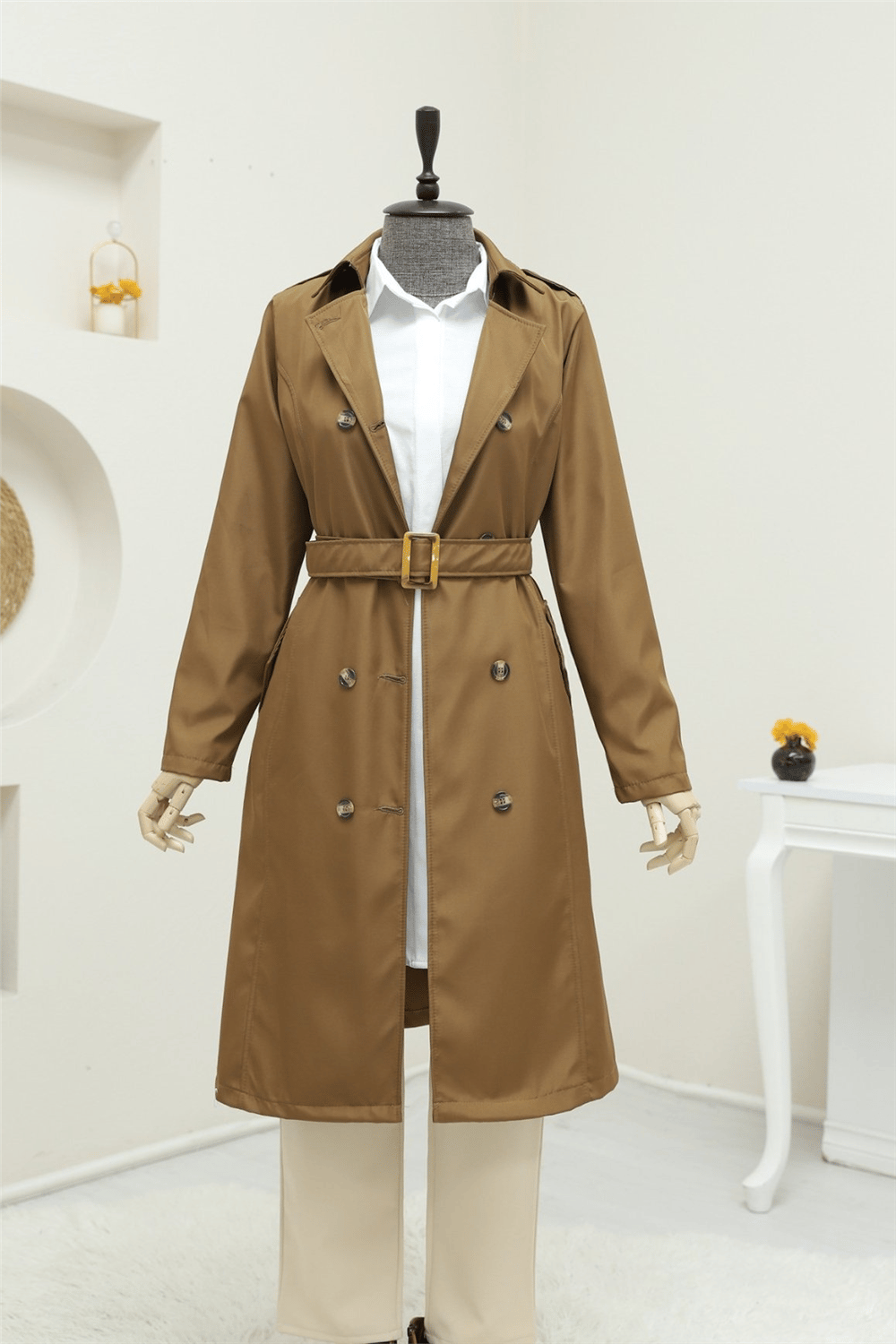 Düğmeli Kemerli Ara Boy Trençkot -Taba-Trençkot-197-4905-R12