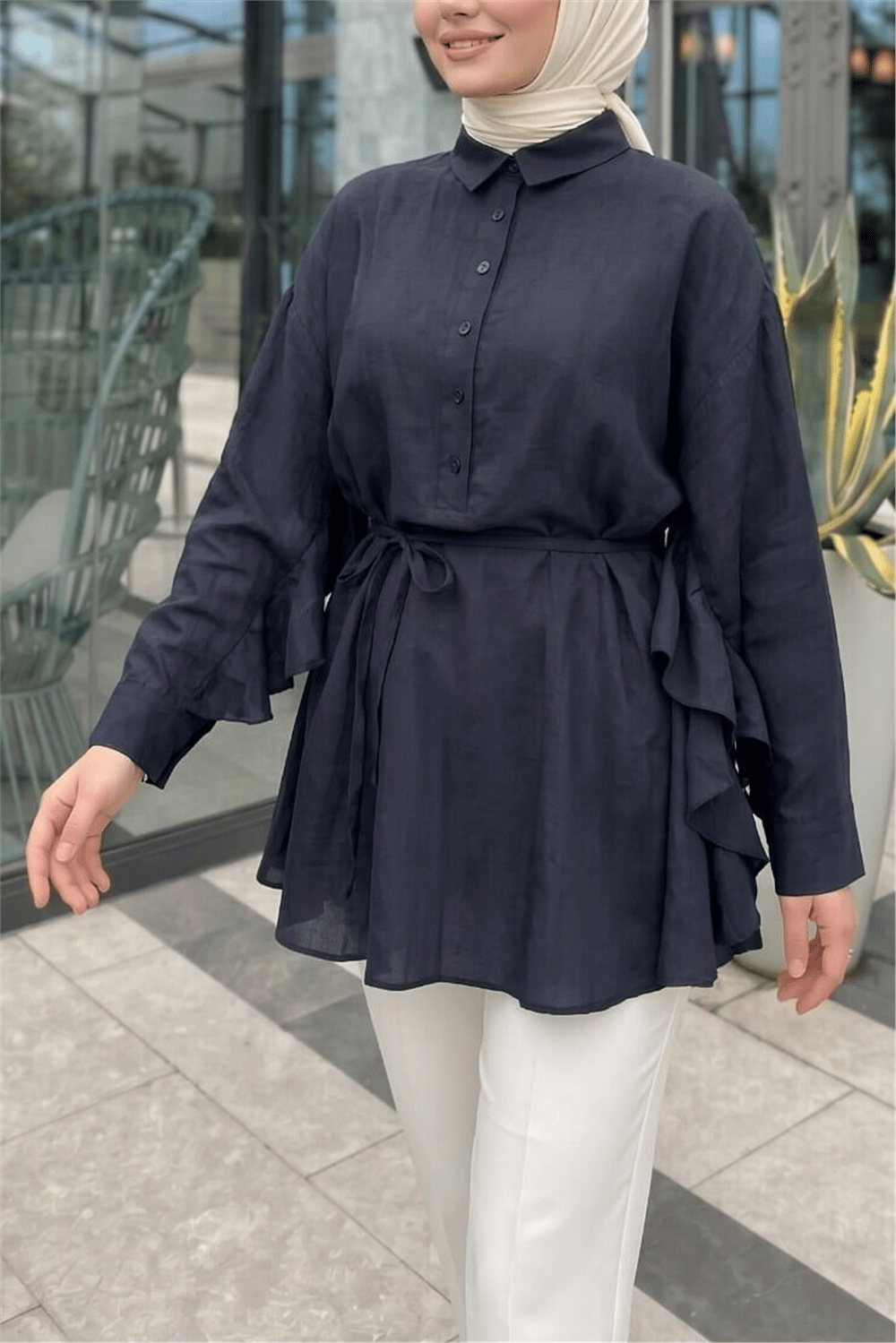 Düğmeli Kemerli Yarasa Kol Volanlı Oversize Modal Tunik  -Lacivert-Tunik-307-0136-R03
