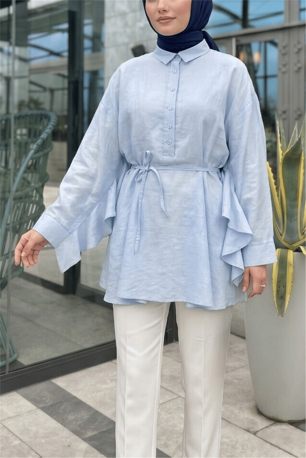 Düğmeli Kemerli Yarasa Kol Volanlı Oversize Modal Tunik  -Bebe Mavi-Tunik-307-0136-R32