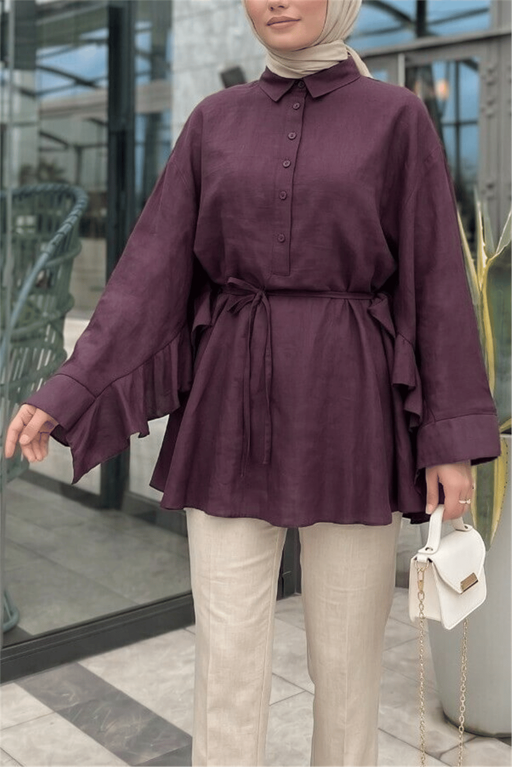 Düğmeli Kemerli Yarasa Kol Volanlı Oversize Modal Tunik  -Mürdüm-Tunik-307-0136-R09