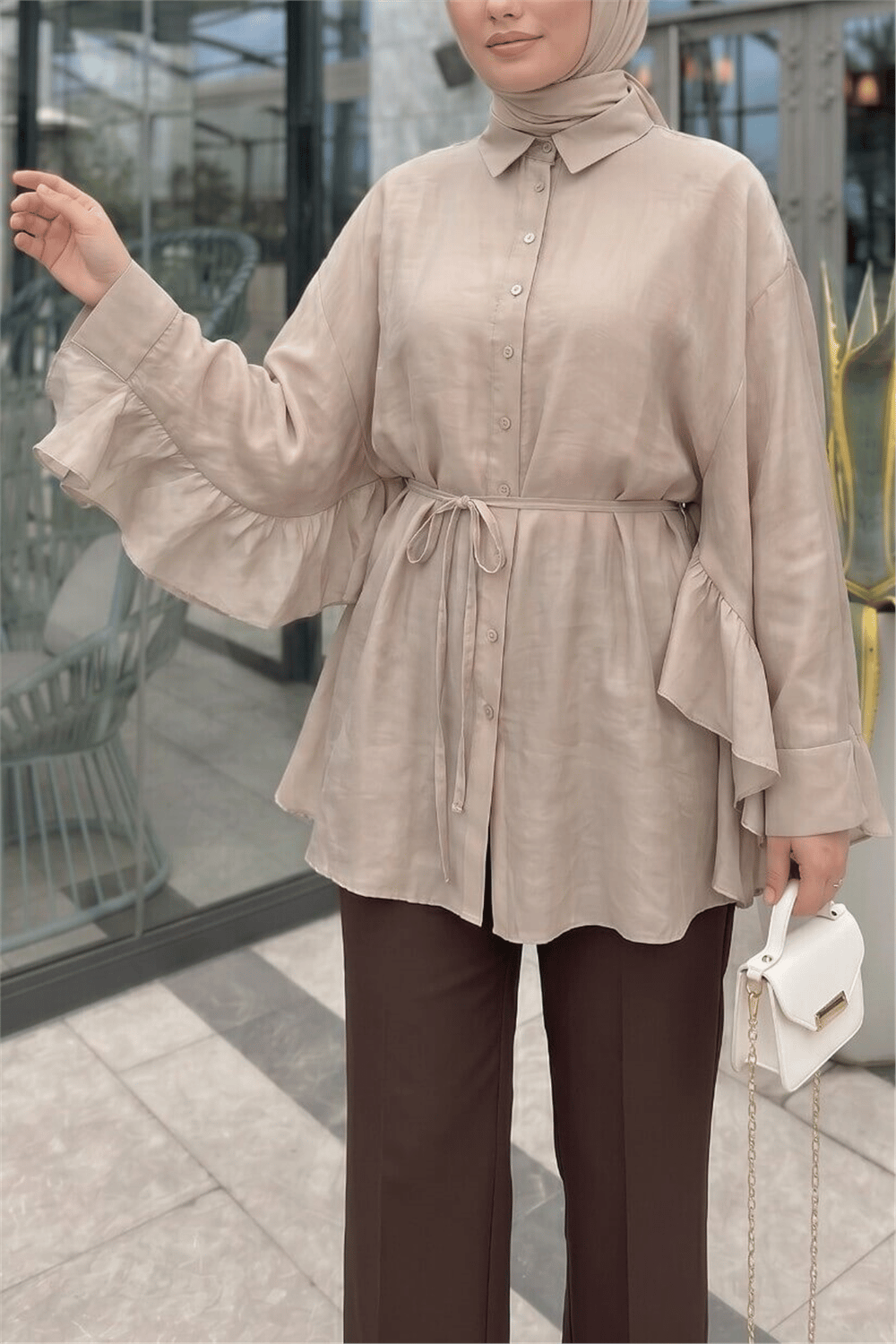 Düğmeli Kemerli Yarasa Kol Volanlı Oversize Modal Tunik  -Vizon-Tunik-307-0136-R23