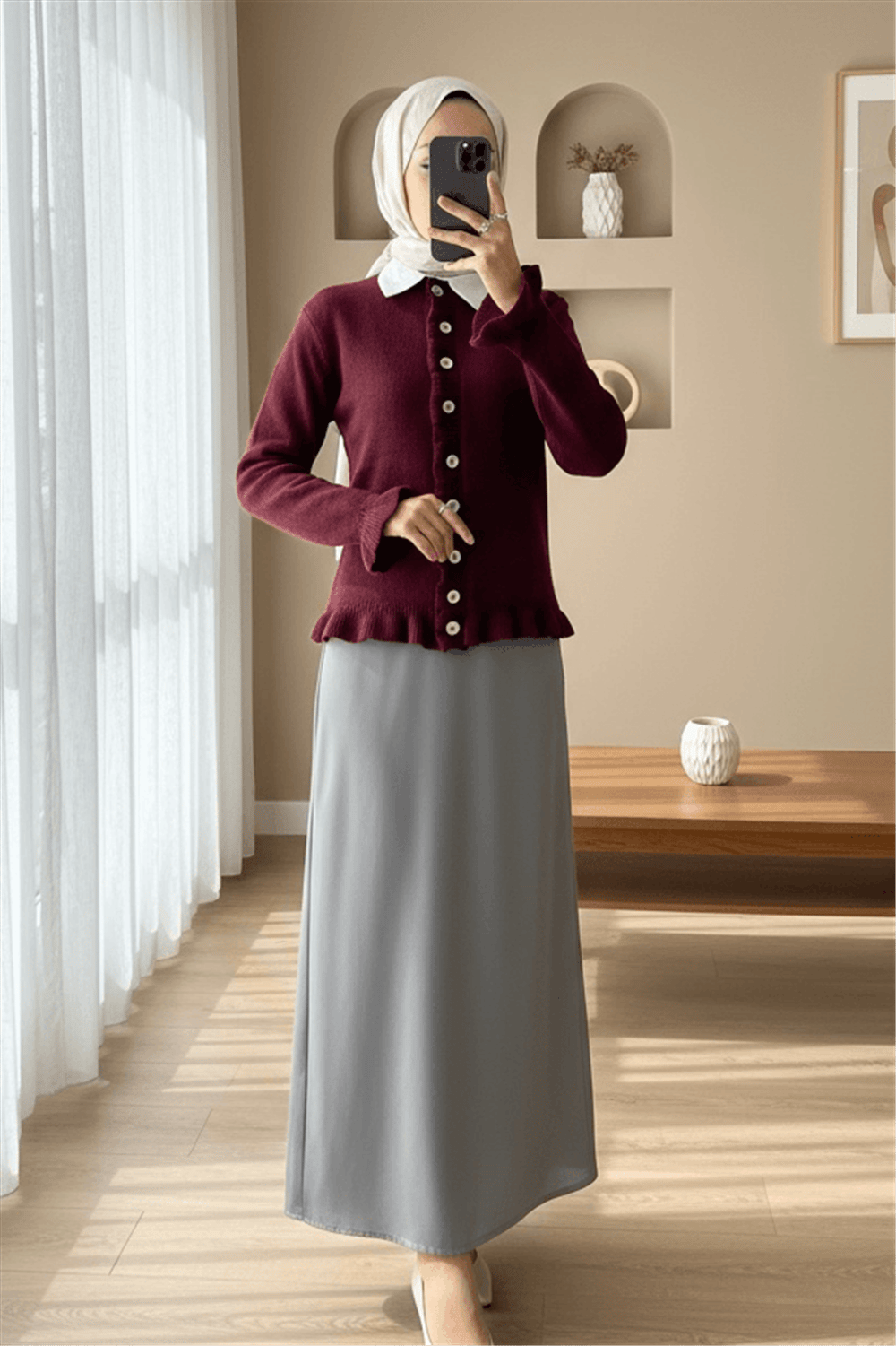 Düğmeli Önü Ve Eteği Fırfırlı Hırka -Bordo-Hırka-307-43478-R04