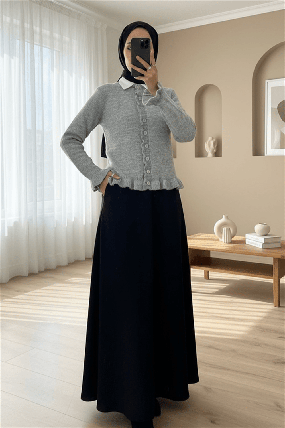 Düğmeli Önü Ve Eteği Fırfırlı Hırka -Gri-Hırka-307-43478-R11