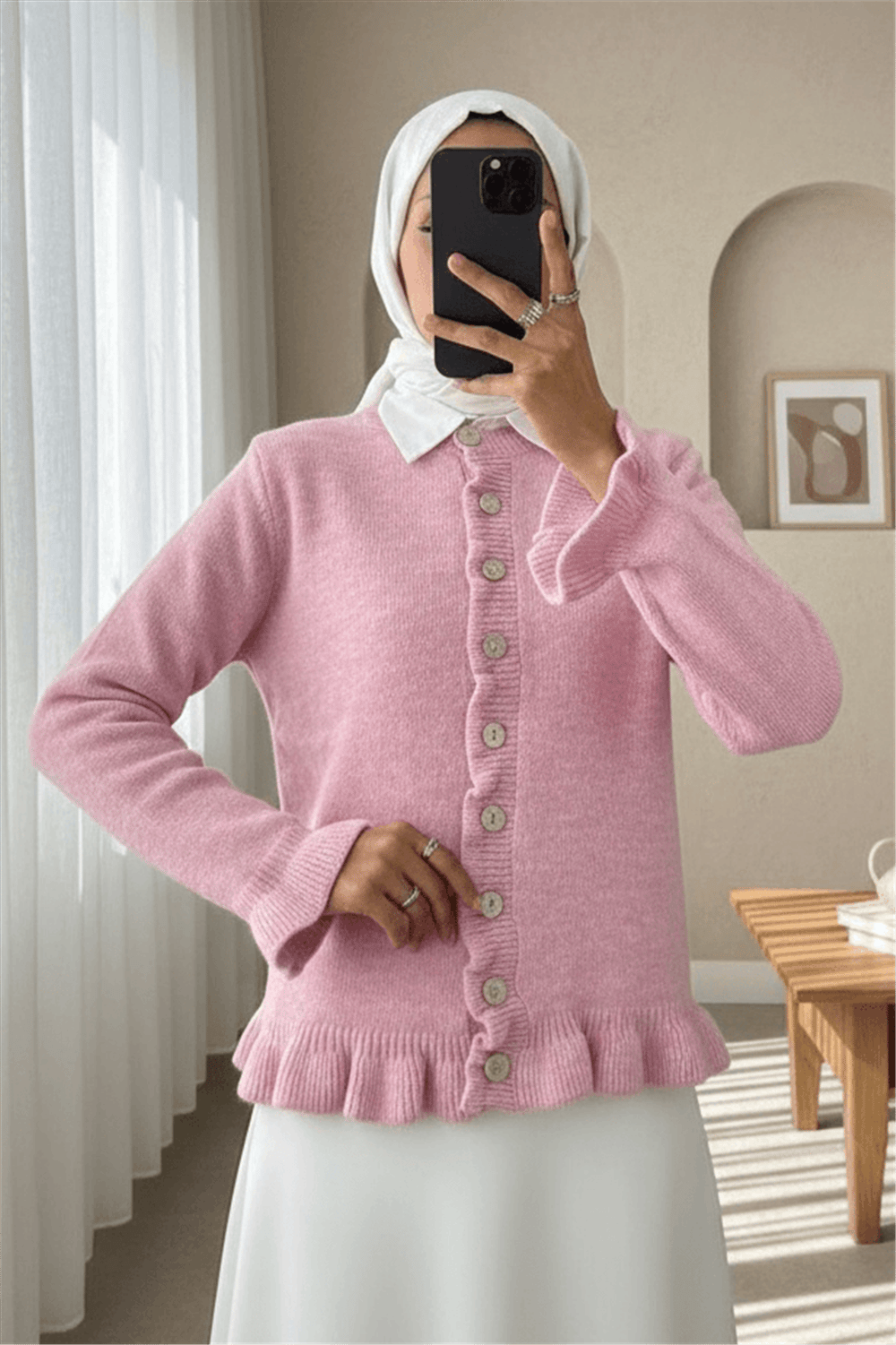 Düğmeli Önü Ve Eteği Fırfırlı Hırka -Pembe-Hırka-307-43478-R20