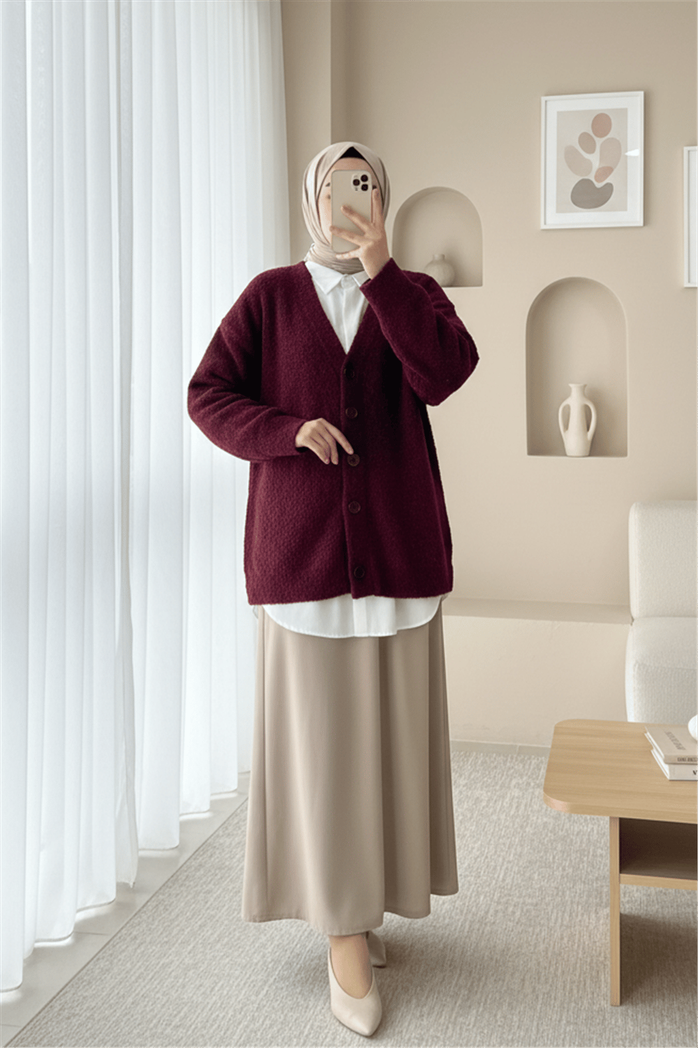 Düğmeli Salaş Triko Hırka -Bordo-Hırka-357-6232-R04