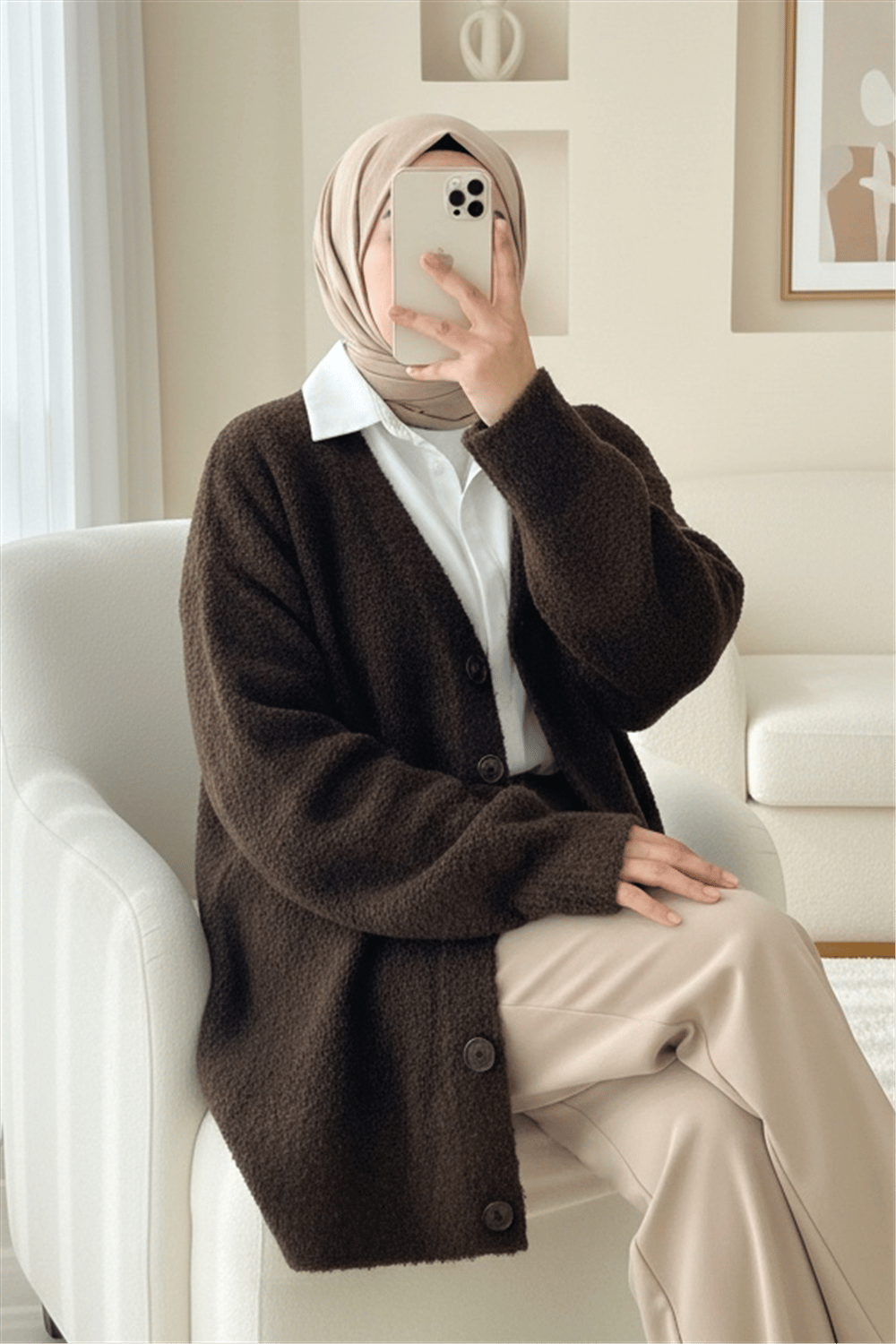 Düğmeli Salaş Triko Hırka -K. Kahve-Hırka-357-6232-R54