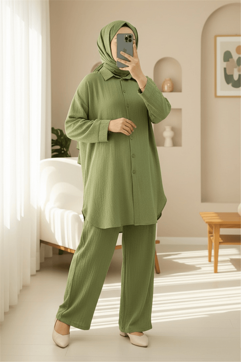 Düğmeli Uzun Pantolonlu Krinkıl Takım   -A.Yeşil-Takım-349-7074-R69