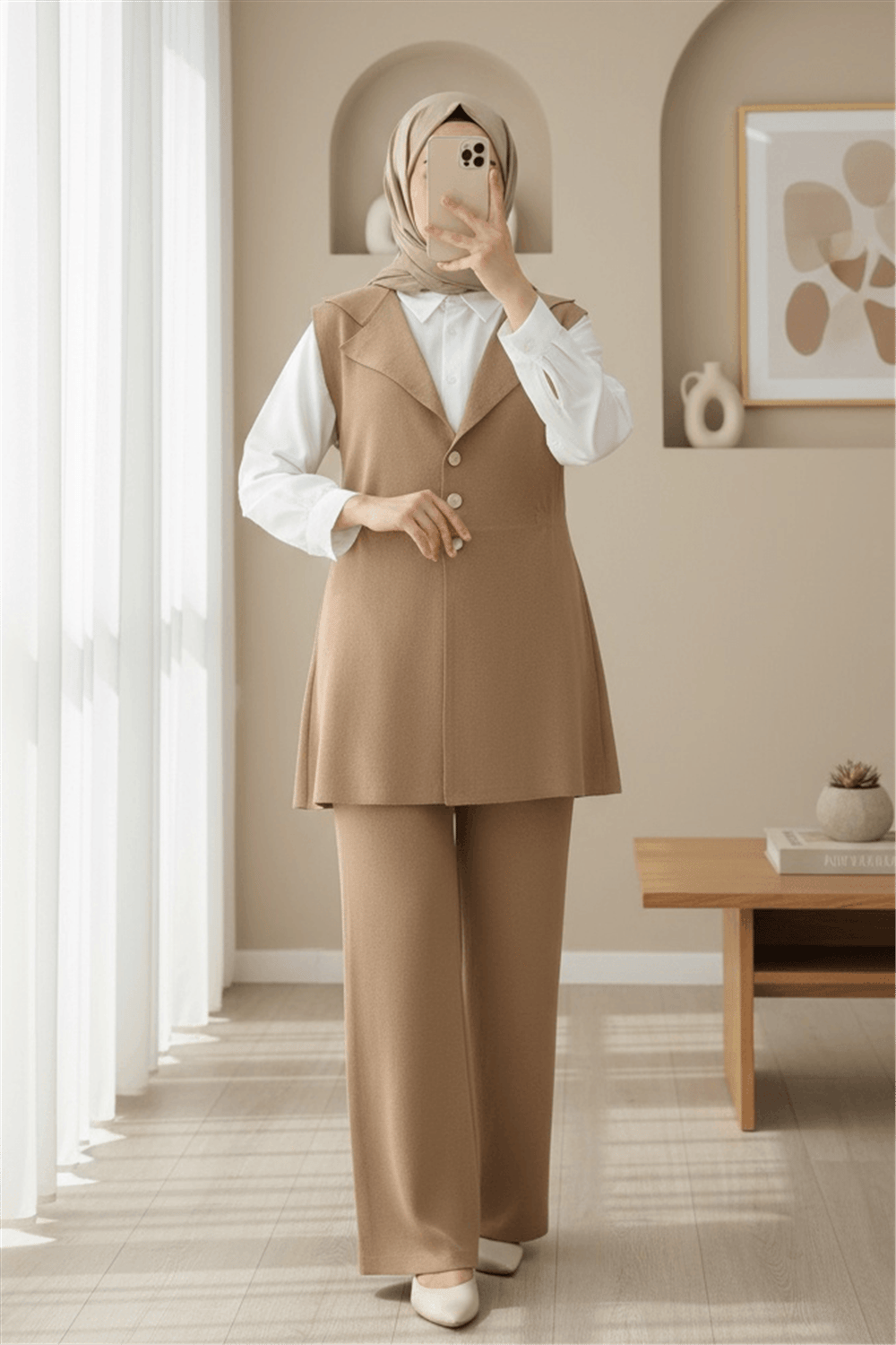 Düğmeli V Yaka Yelek Pantolon Triko Takım -Vizon-Takım-295-1285-R23