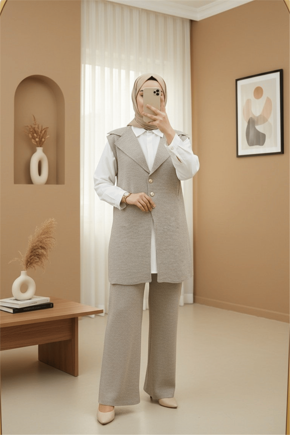 Düğmeli V Yaka Yelek Pantolon Triko Takım -Açık Vizon-Takım-295-1285-R51