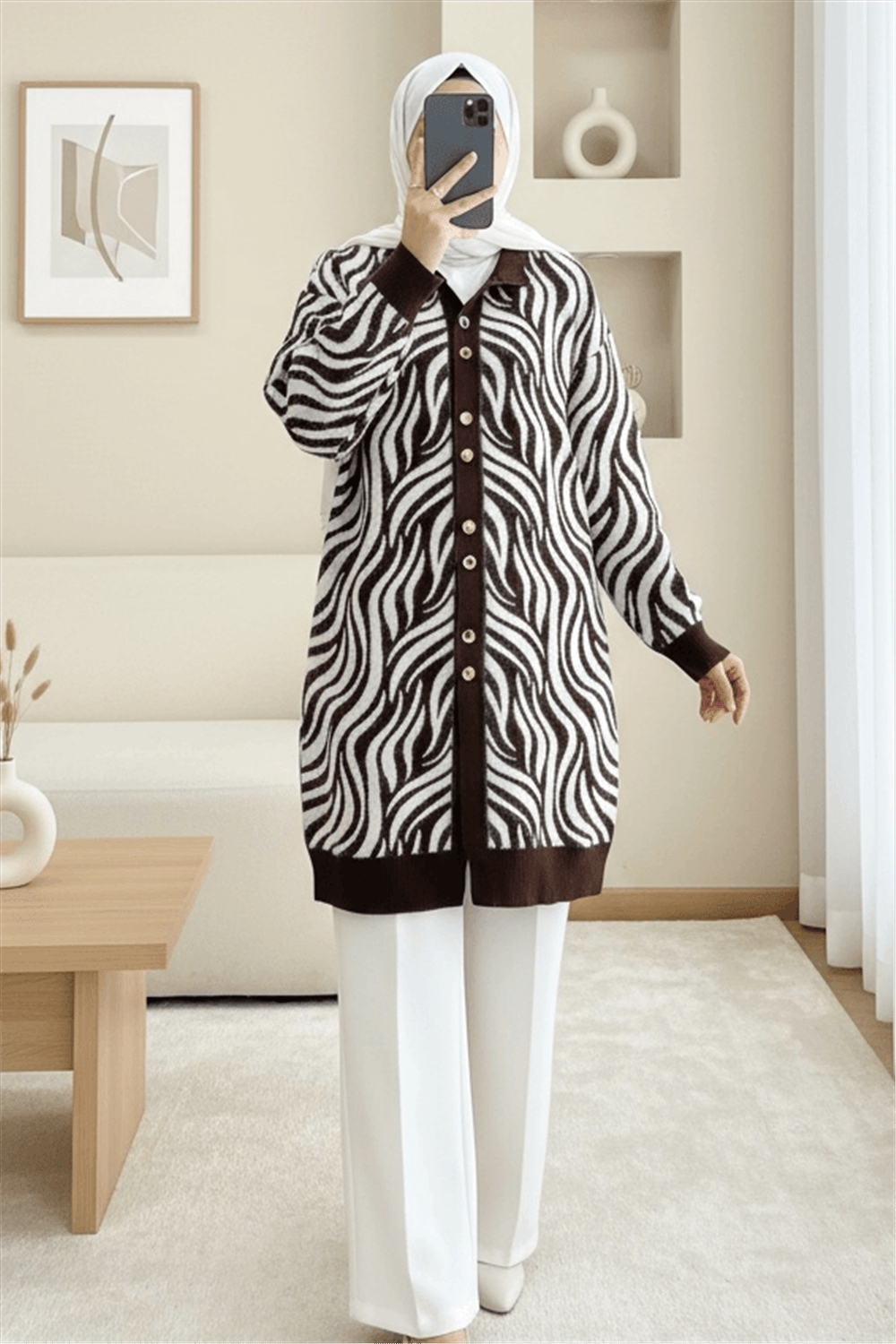 Düğmeli Zebra Desen Sakallı Triko Hırka -Kahve-Hırka-280-3286-R15