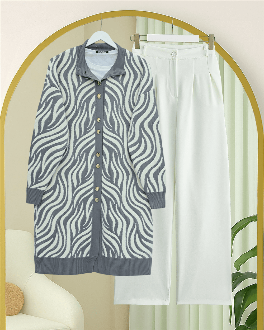 Düğmeli Zebra Desen Sakallı Triko Hırka -Gri-Hırka-280-3286-R11