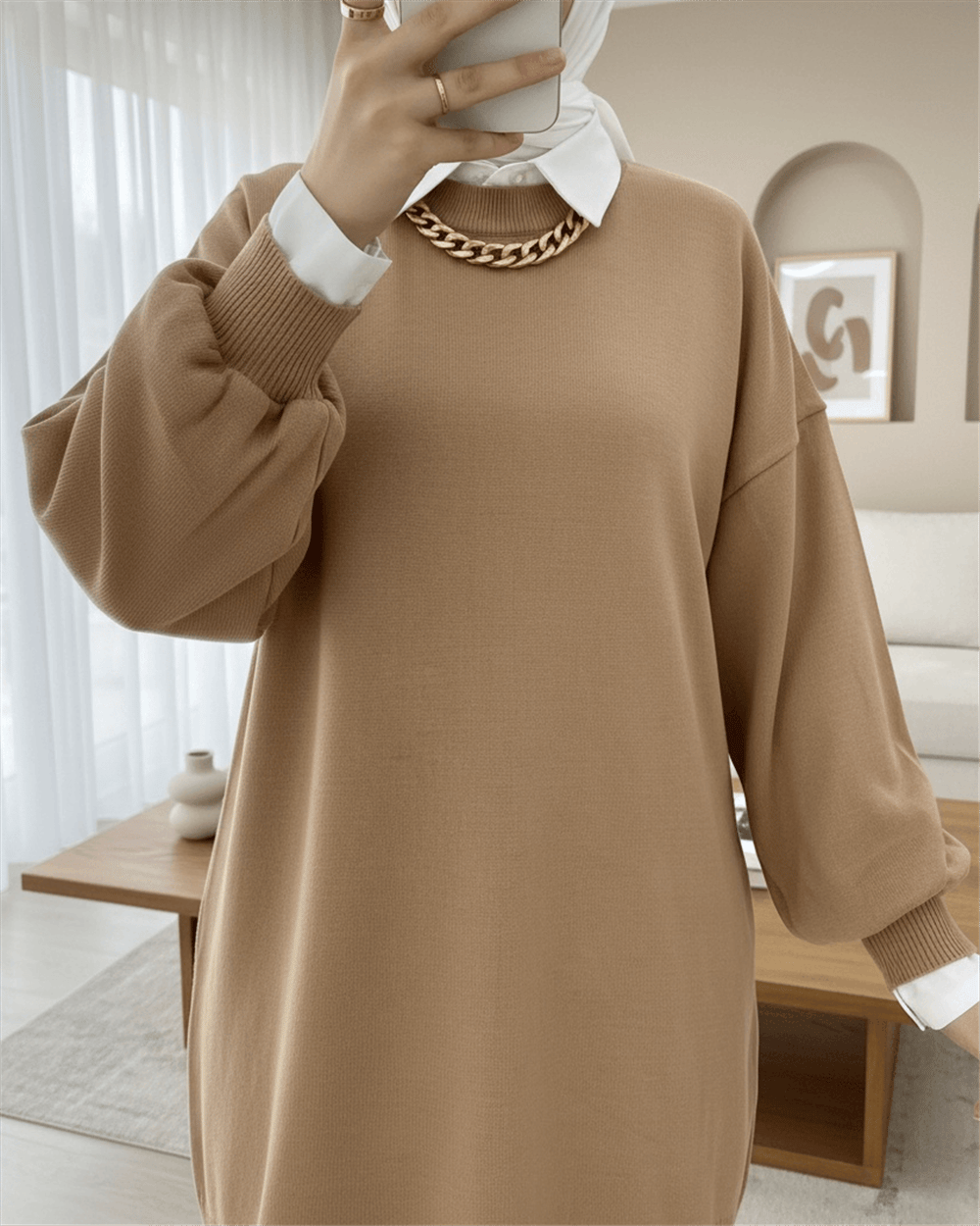 Düz Bisiklet Yaka Balon Kol Triko Tunik      -Vizon-Triko Tunik-109-9536-R23