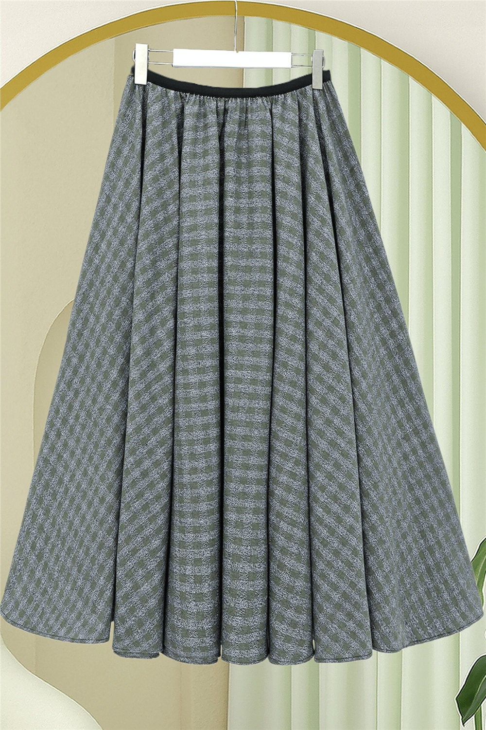 Ekose Desenli Beli Lastikli 360 Derece Etek -Haki-Etek-207-1594-R05