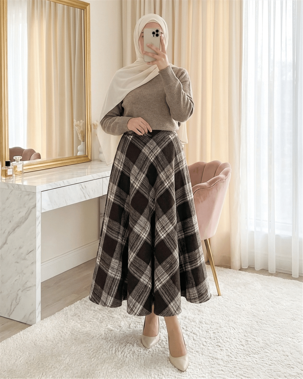 Ekose Desenli Yanı Fermuarlı  Kaşe Çan Etek    -Kahve-Etek-346-30491-R15