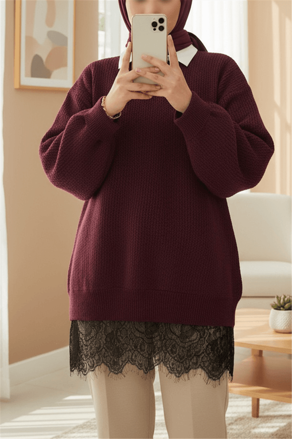 Eteği Dantel Detaylı Triko Kazak -Bordo-Kazak-357-4514-R04