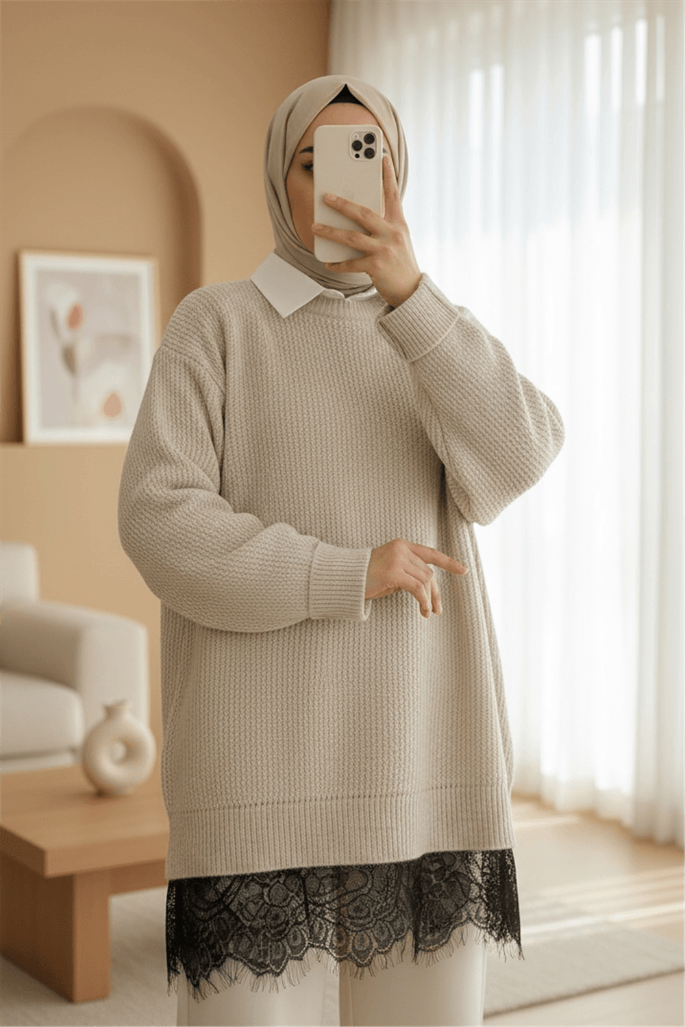 Eteği Dantel Detaylı Triko Kazak -Krem-Kazak-357-4514-R28