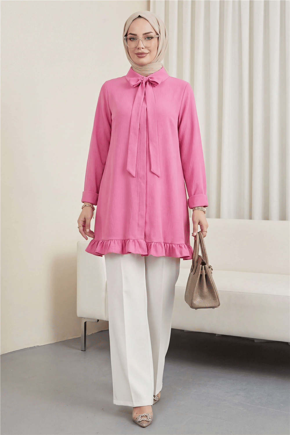 Eteği Fırfırlı Beli Bağcıklı Gizli Düğmeli Modal Tunik -Pembe-Tunik-286-4544-R20