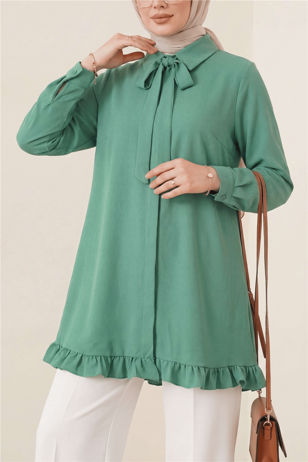 Eteği Fırfırlı Beli Bağcıklı Gizli Düğmeli Modal Tunik  -Koyu Yeşil-Tunik-286-4544-R79
