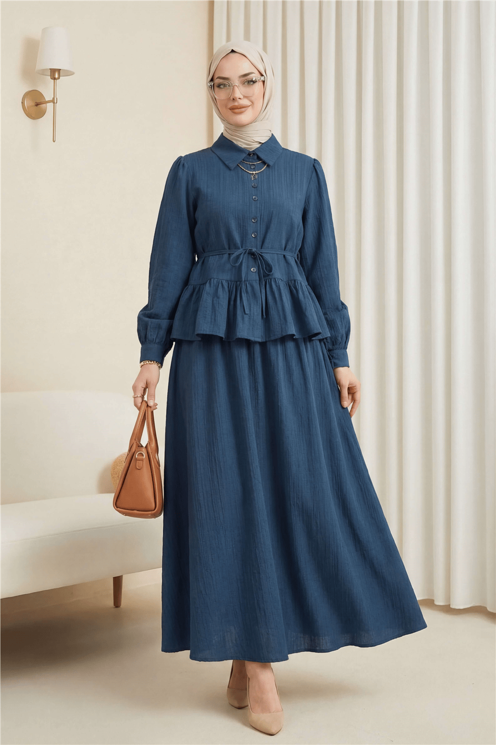 Eteği Fırfırlı Düğmeli Beli Bağcıklı Etekli Takım  -Laci-Takım-223-3058-R03
