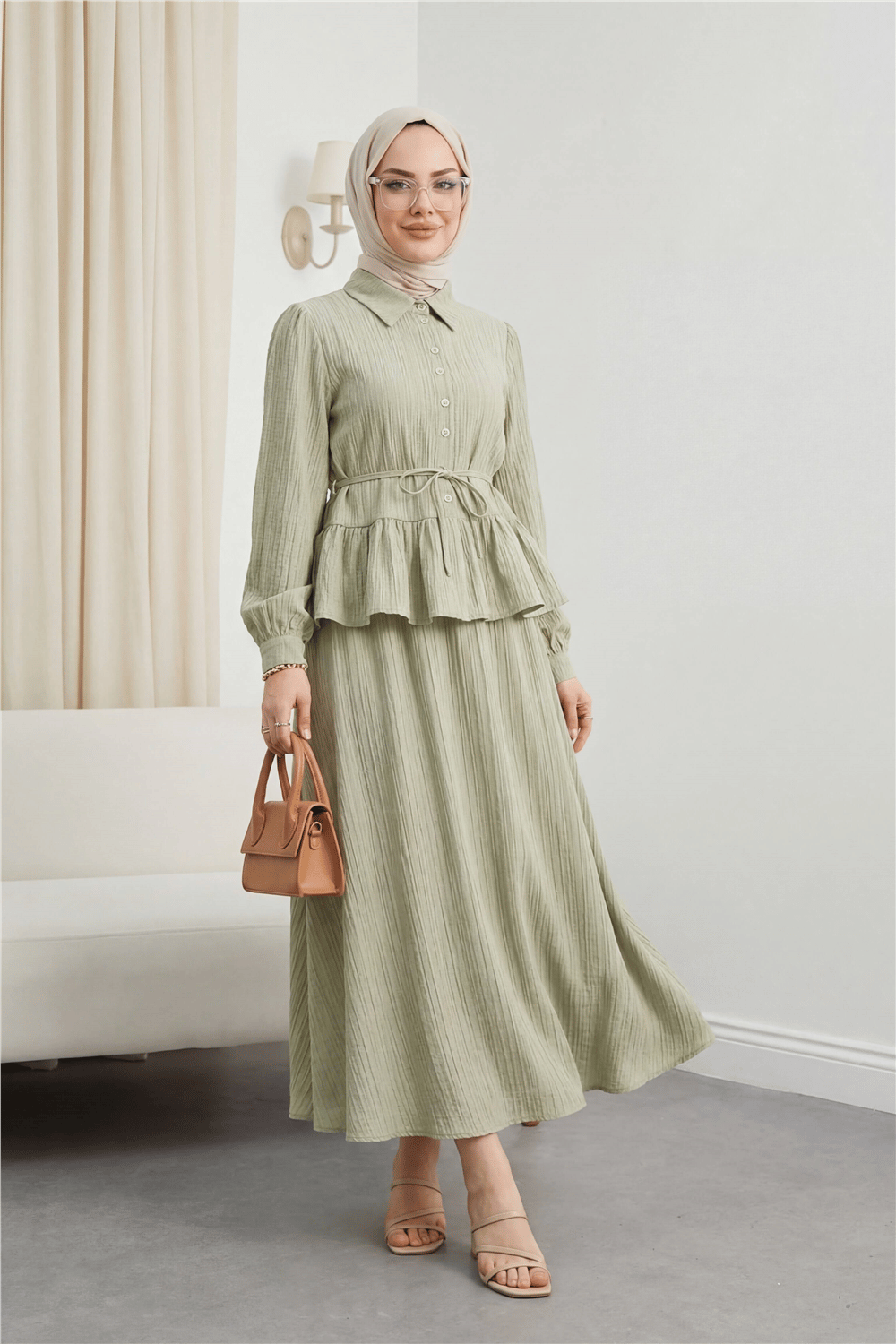 Eteği Fırfırlı Düğmeli Beli Bağcıklı Etekli Takım   -Zeytin-Takım-223-3058-R59